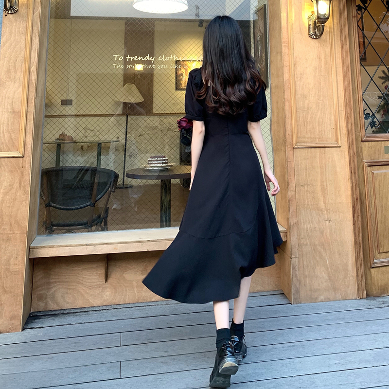 不規則デザイン スリミングワンピース アシンメトリー ウエストレースアップ ハイウエスト 半袖