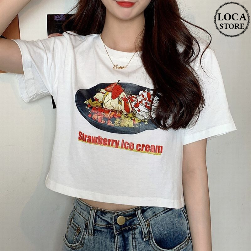 Tシャツ 半袖 ショート丈 ホワイト ストロベリーケーキ プリント 韓国ファッション レディー