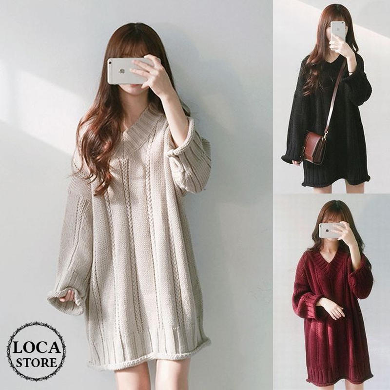 ざっくり ニットワンピース 韓国ファッション レディース ケーブル ミニワンピース Vネック