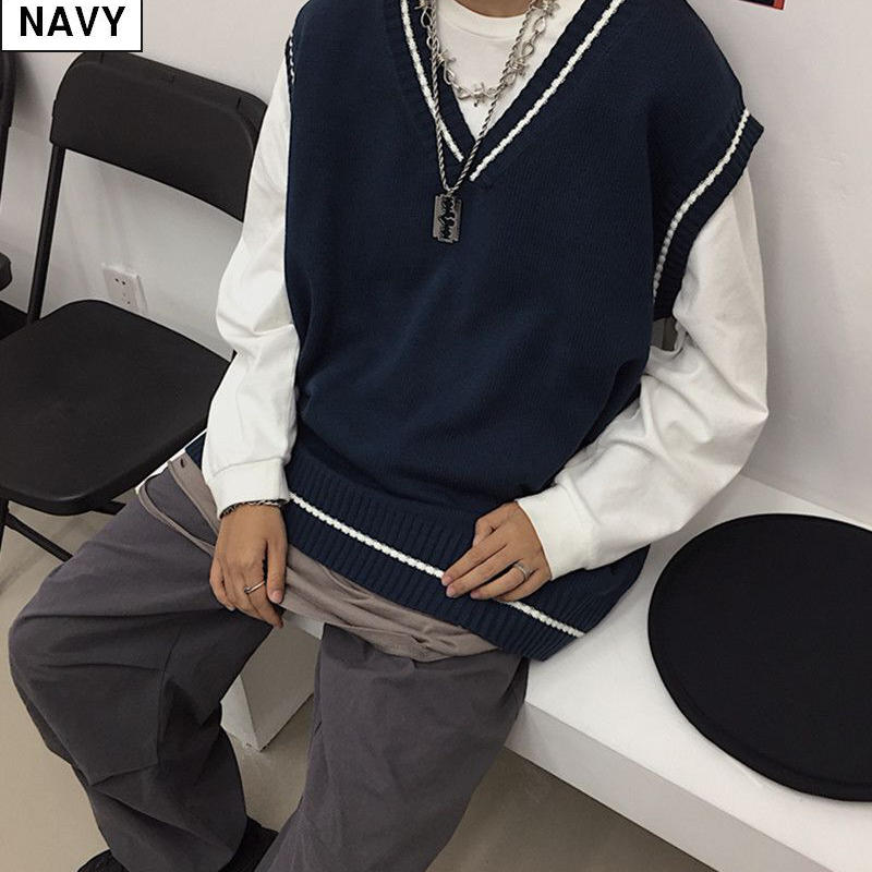 ユニセックス ニットベスト Vネック ライン 韓国ファッション メンズ レディース ベスト ル