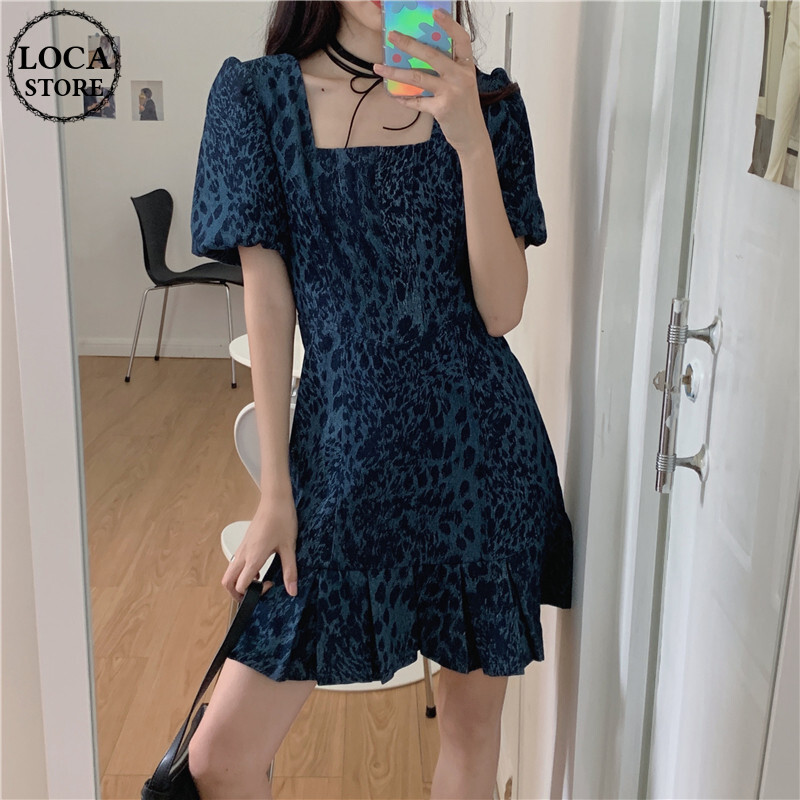 ヒョウ柄 ワンピース スクエアネック レオパード柄 パフ袖 薄手 ハイウエスト 半袖 韓国ファ