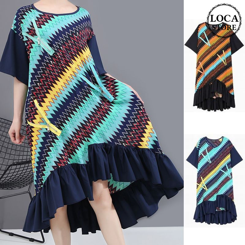 アシンメトリー ワンピース チャック 裾フリル 半袖 韓国ファッション レディース ジッパー