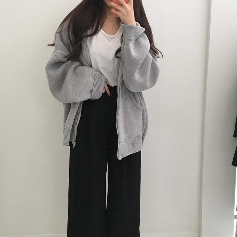 フード付 ニット カーディガン アウター レディース グレー パーカー ボリューム袖 パフ袖