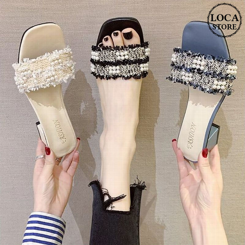 サンダル イミテーションパール スリッパ チャンキーヒール 5cm スクエアトゥ 韓国ファッシ サンダル イミテーションパール スリッパ チャンキーヒール 5cm スクエアトゥ 韓国ファッシ