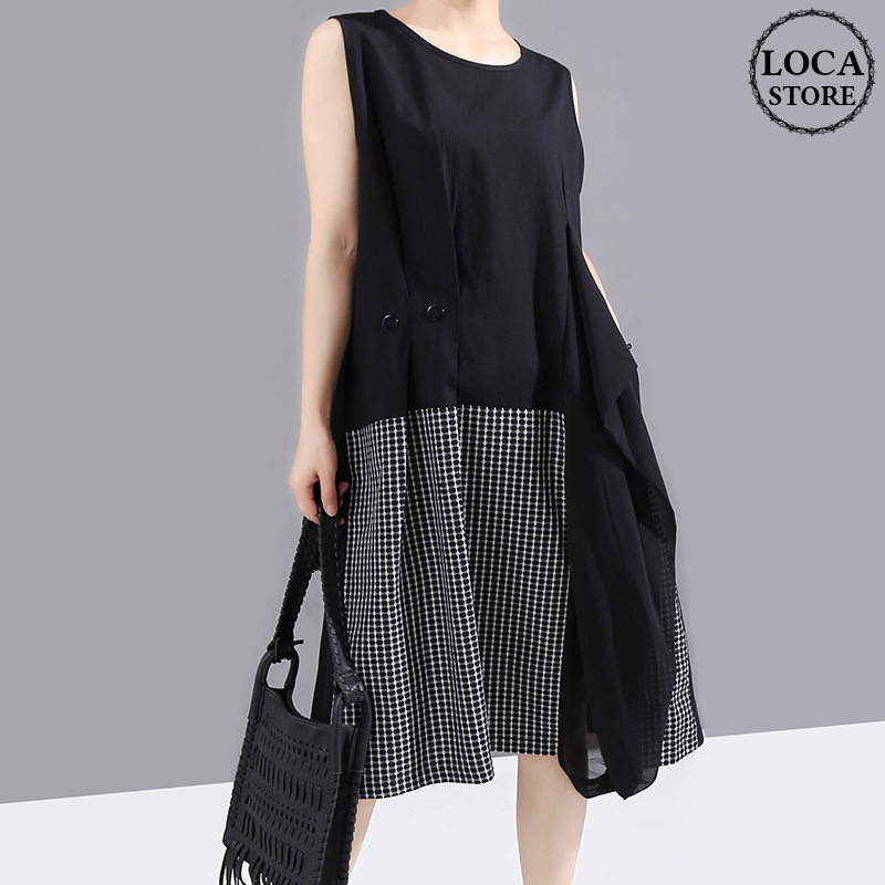 ノースリーブ アシンメトリー ワンピース 韓国ファッション レディース チェックスカート チェ
