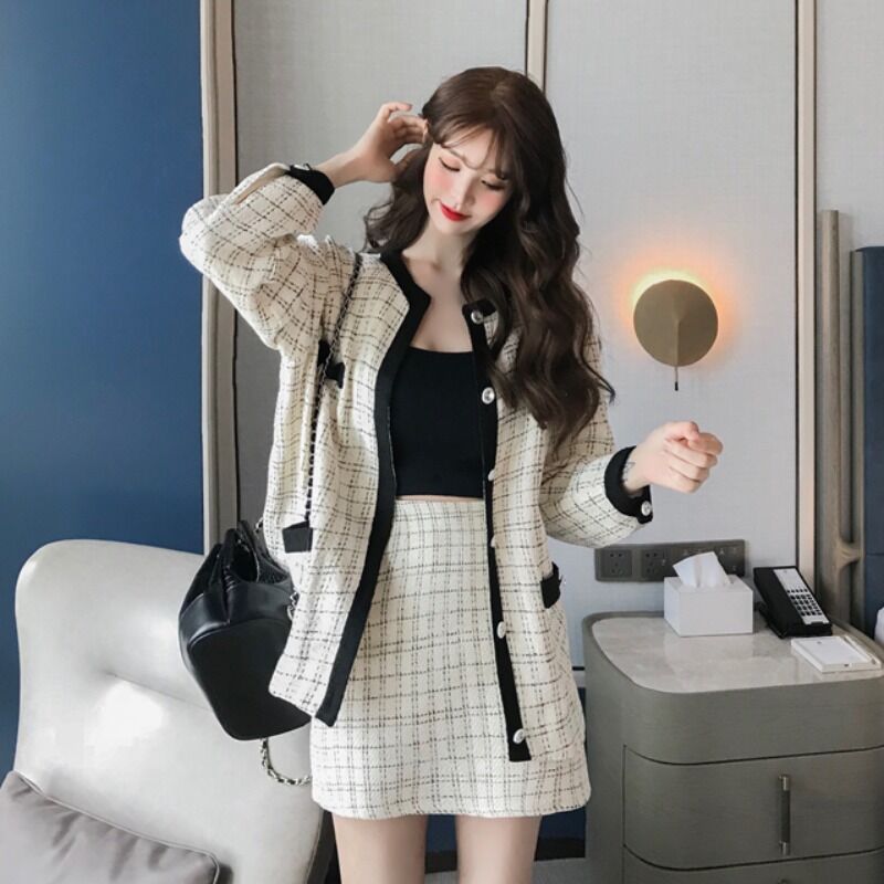 セットアップ チェック柄 カーディガン ジャケット スカート 上下セット 韓国ファッション