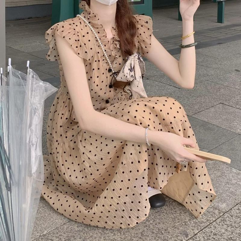 ドット柄 ノースリーブ ワンピース フリル フロントボタン Vネック ハイウエスト レトロ 韓 ドット柄 ノースリーブ ワンピース フリル フロントボタン Vネック ハイウエスト レトロ 韓