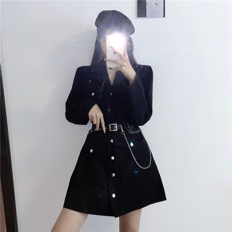 ワンピース ベルト付き ポケットチェーン ジャケット風 韓国ファッション レディース シングル