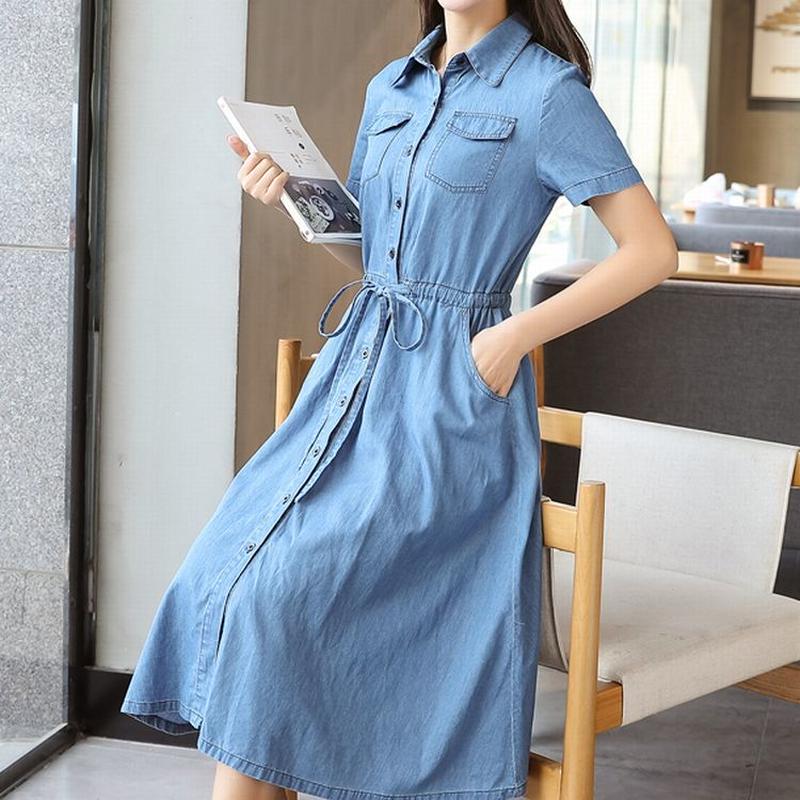 レディース デニムシャツワンピース デニムワンピース 半袖 ワンピース ロング丈 ガーリー 韓