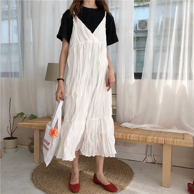 レディース ワッシャー加工 キャミワンピース プリーツ ハイウエスト ロング丈 フェミニン ガ