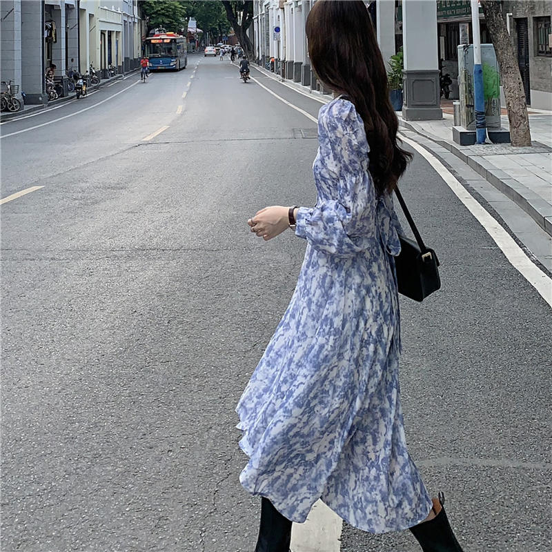 タイダイ柄 ワンピース Vネック パフ袖 ロング丈 ハイウエスト 長袖 韓国ファッション レデ タイダイ柄 ワンピース Vネック パフ袖 ロング丈 ハイウエスト 長袖 韓国ファッション レデ