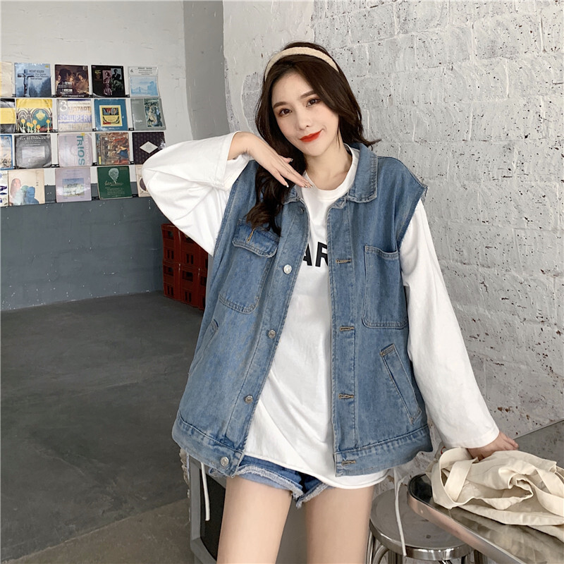 デニムベスト デニムジャケット 韓国ファッション レディース ベスト ノーカラージャケット ジ