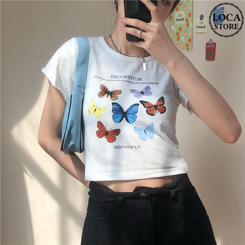 Tシャツ 半袖 袖切りっぱなし ショート丈 バタフライ ホワイト 韓国ファッション レディース