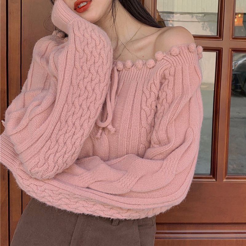 ニット セーター 2カラー オフショルダー ケーブル編み プルオーバー 韓国ファッション レデ