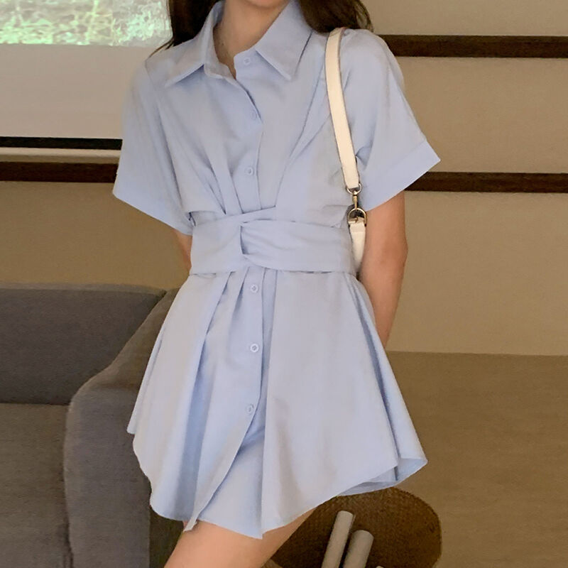 2点セット シャツワンピース ショートパンツ ブラウスワンピース ウエストマーク 半袖 チュニ