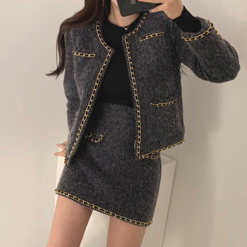 セットアップ ツイード ジャケット ショートコート + ミニスカート 韓国ファッション レディース 2点セット ハイウエスト 大人可愛い ガーリー DTC-630050657364