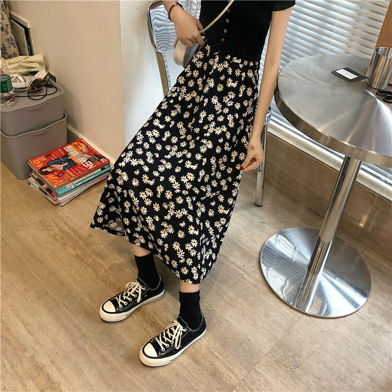 花柄 スカート ロング丈 韓国ファッション レディース ロングスカート シフォン Aライン ハ