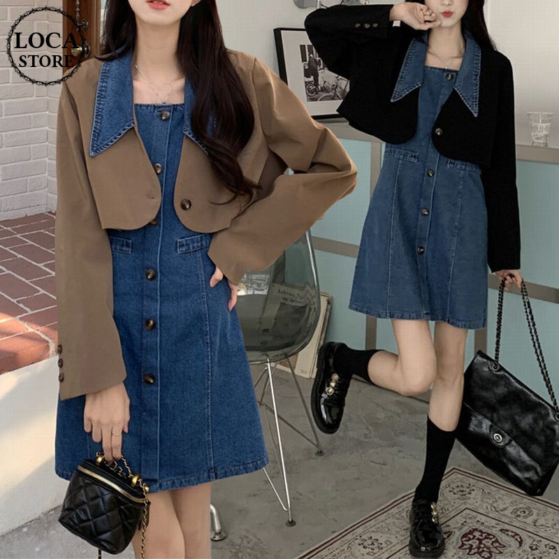 セットアップ 2点セット ショート丈ジャケット デニム襟 デニム キャミワンピース ハイウエス セットアップ 2点セット ショート丈ジャケット デニム襟 デニム キャミワンピース ハイウエス