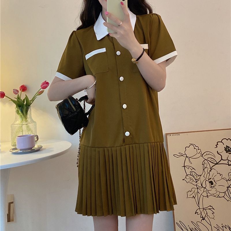 襟付き プリーツワンピース 半袖 ハイウエスト ワンピース プリーツ ポロカラー ミニワンピー