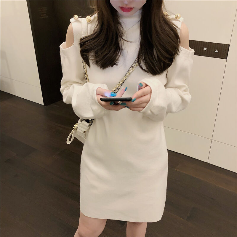 オープンショルダー ニットワンピース ミニ丈 クルーネック ハイウエスト 長袖 薄手 レトロ