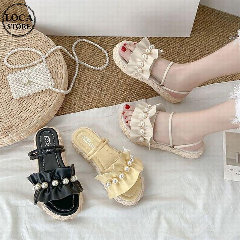 フリルサンダル パール付き アンクルストラップ コンフォートサンダル ローヒール 韓国ファッシ フリルサンダル パール付き アンクルストラップ コンフォートサンダル ローヒール 韓国ファッシ