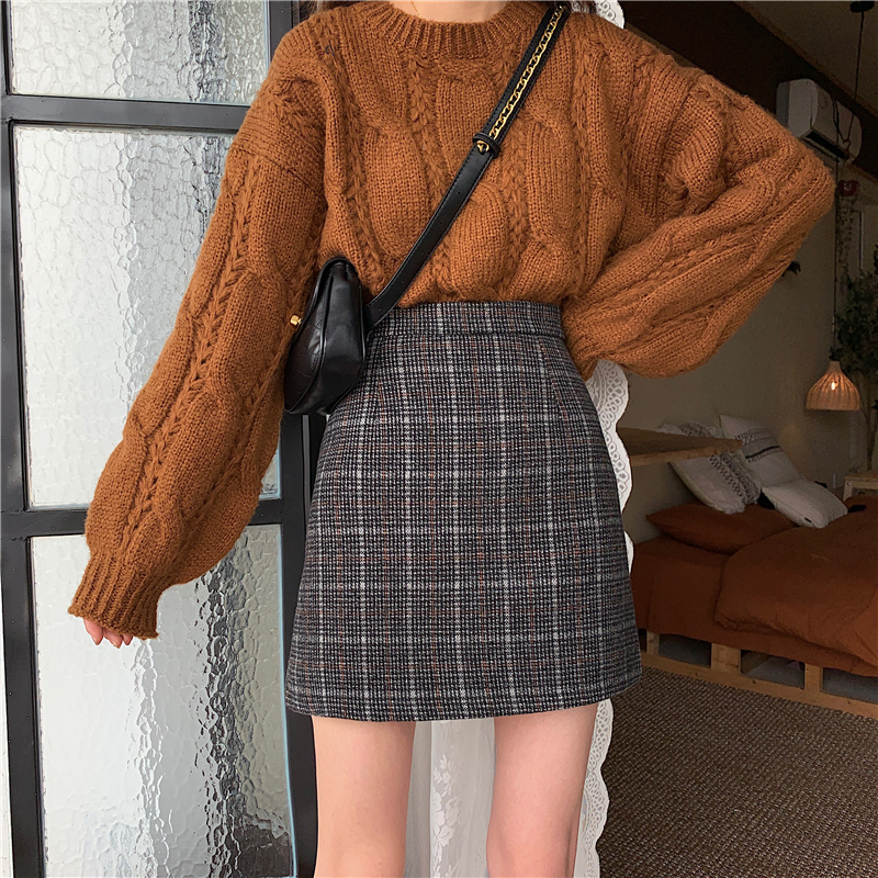 ミニスカート グレー チェック柄 韓国ファッション レディース 台形スカート ハイウエスト タ