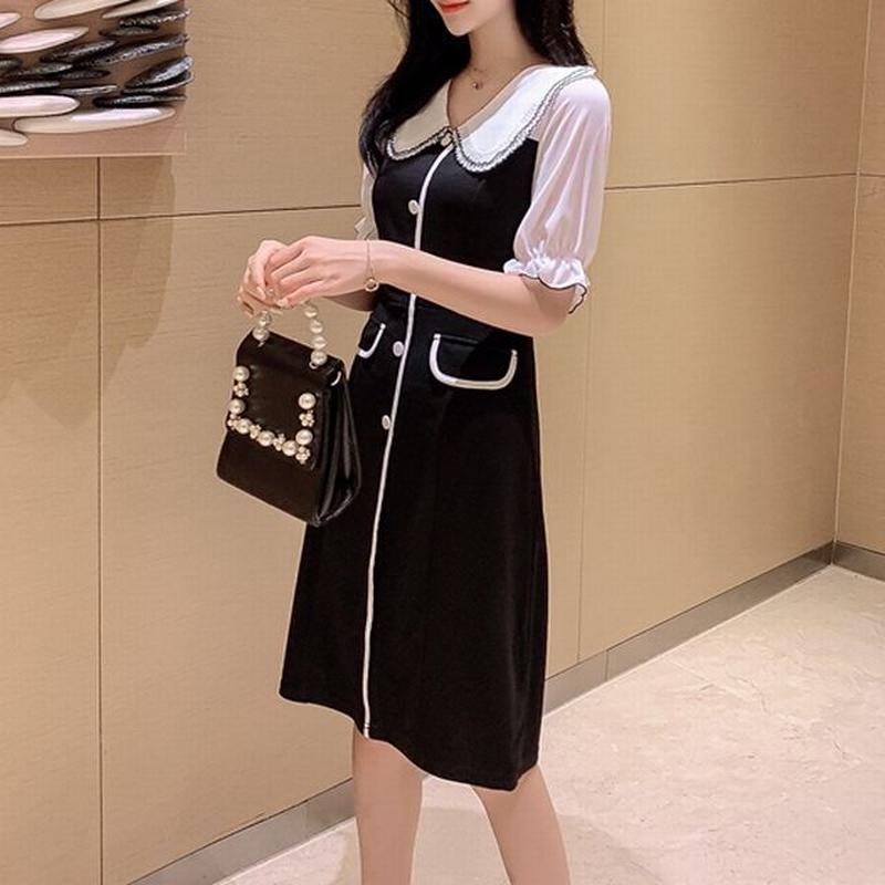 レディース 襟付 フロントボタン ロングワンピース パフスリーブ フリル ガーリー 韓国ファッ