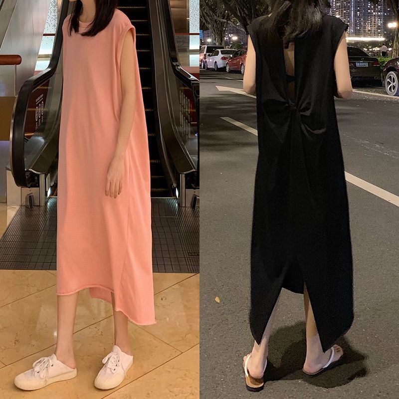 ワンピース ノースリーブ オープンバック 背中開き 韓国ファッション レディース ラウンドネッ