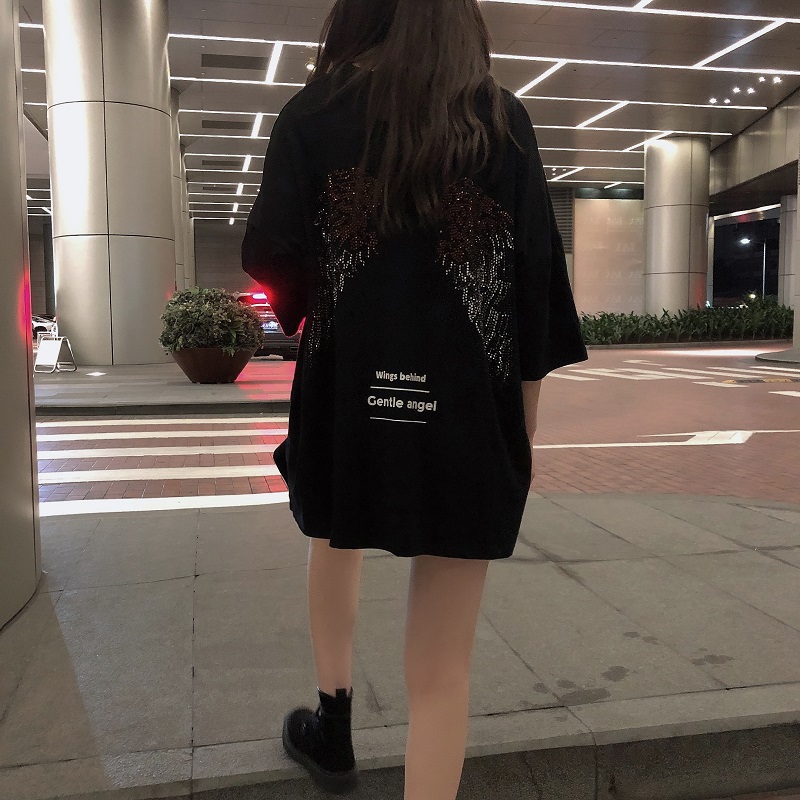 天使の羽 Tシャツ スパンコール 半袖 ラウンドネック 韓国ファッション レディース かわいい