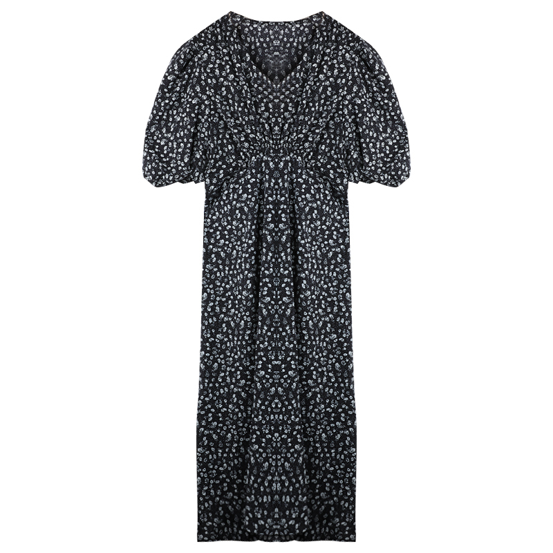 花柄ワンピース Vネック パフ袖 薄い 小花柄 半袖 ハイウエスト 韓国ファッション レディー