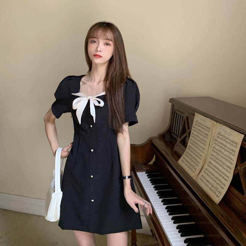 リボンタイ ワンピース スクエアネック フロントボタン 韓国ファッション レディース シャツワ