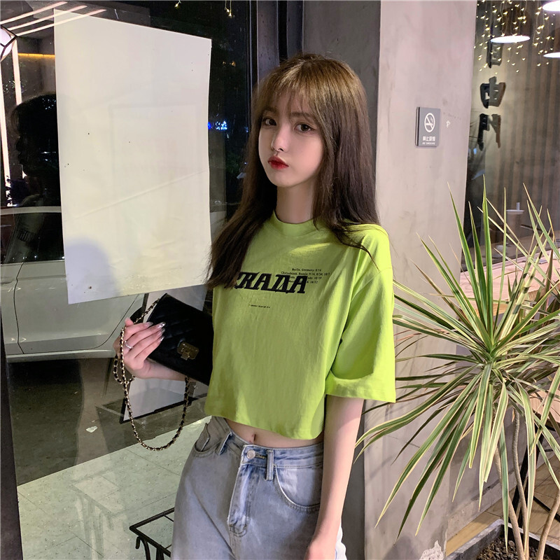 クロップド丈 Tシャツ 半袖 へそ出し ラウンドネック 韓国ファッション レディース ショート