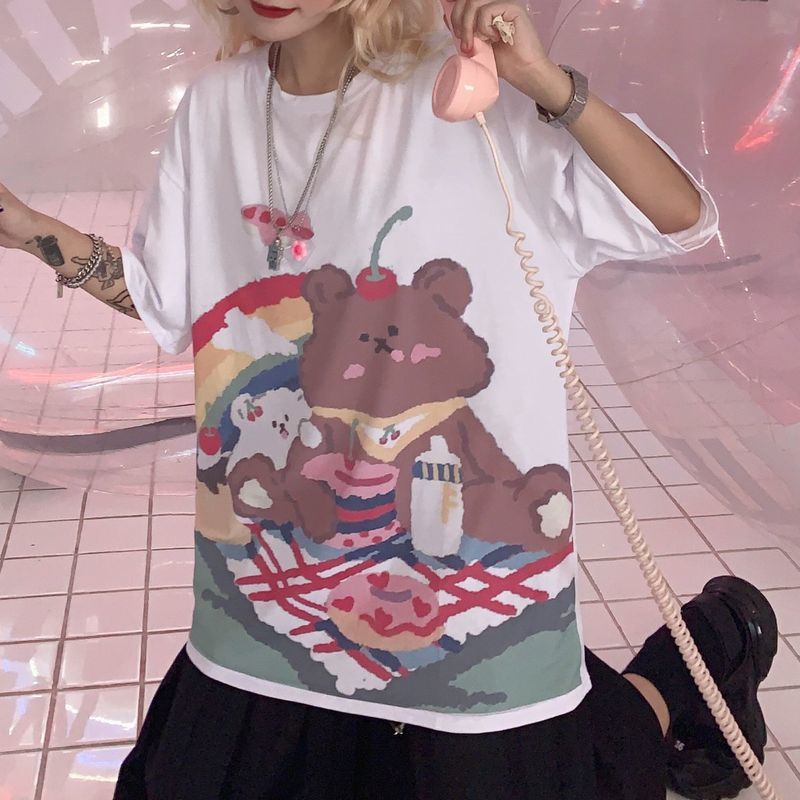 レディース 可愛いクマプリント Tシャツ ゆったり 半袖 インスタ映え ストリート 韓国ファッ