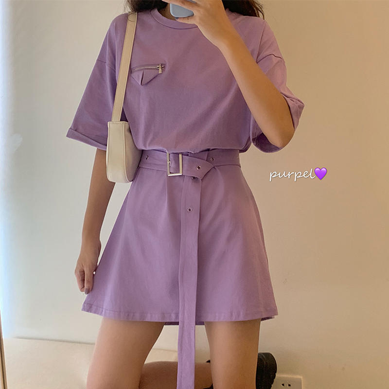 Tシャツ ワンピース ベルト付き 韓国ファッション レディース 無地 ラウンドネック オーバー