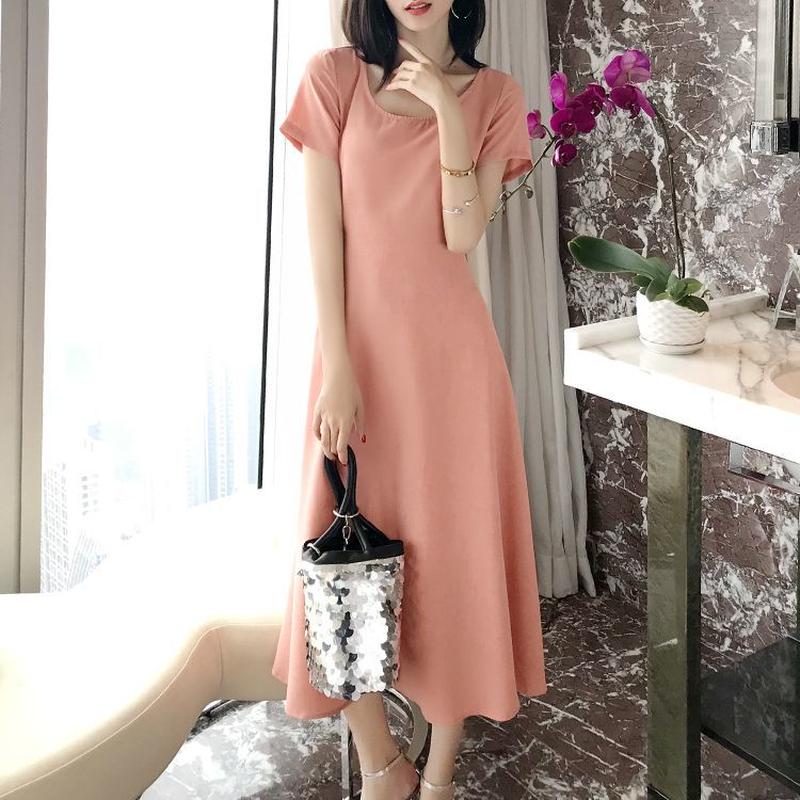 レディース ロングワンピース 背中開き 背中見せ ロング丈 ガーリー 韓国ファッション D