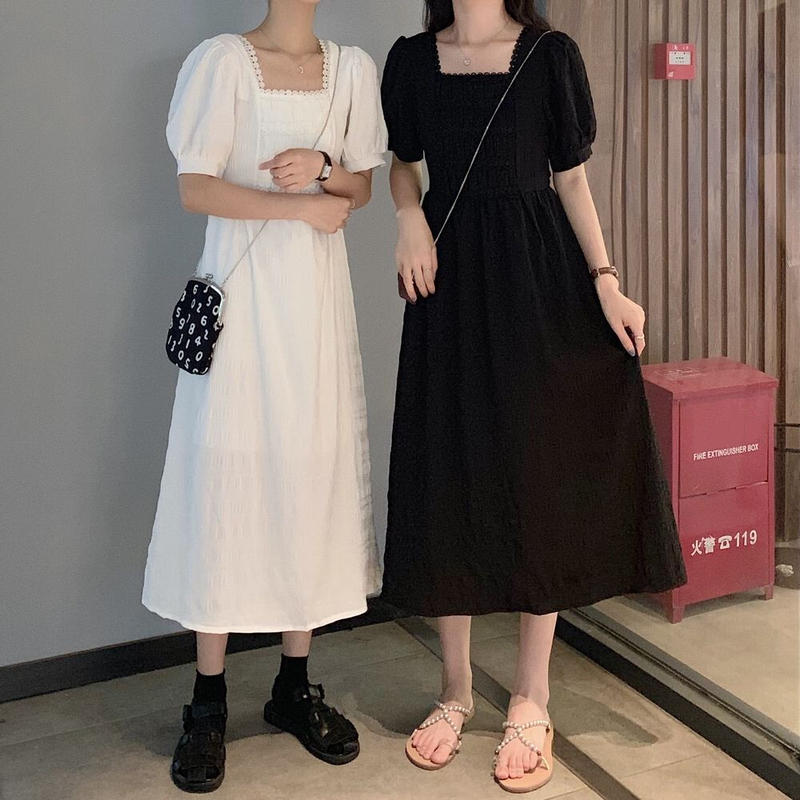 ワンピース スクエアネック 韓国ファッション レディース パフ袖 デニム ロング丈 Aライン