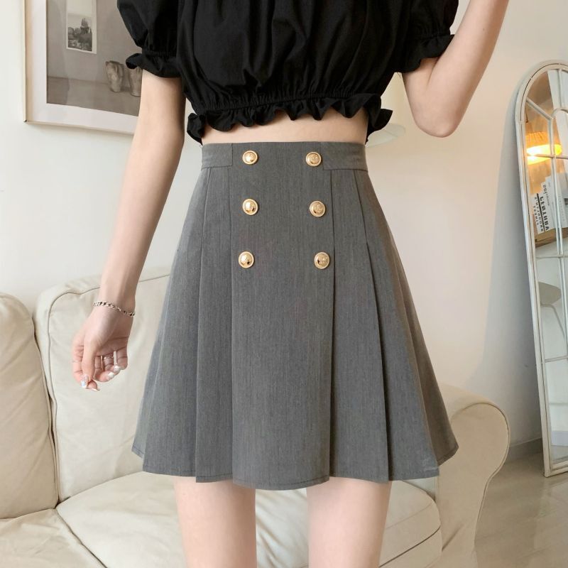 ボタン付き プリーツスカート ハイウエスト Aライン 韓国ファッション レディース スカート