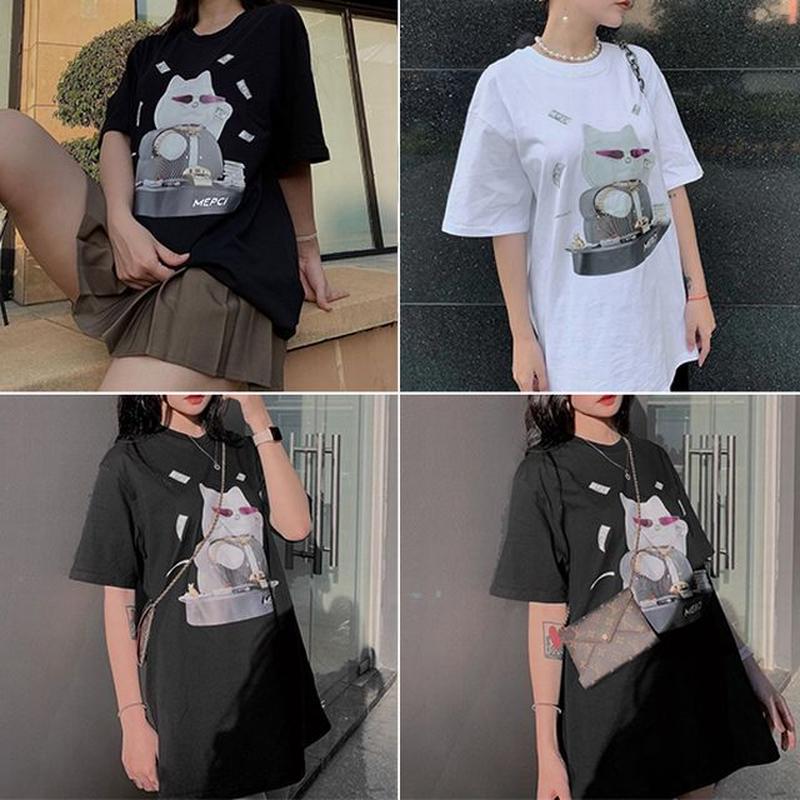 2カラー ユニセックス Tシャツ 半袖 成金猫 オーバーサイズ 大きめ カジュアル 韓国フ 2カラー ユニセックス Tシャツ 半袖 成金猫 オーバーサイズ 大きめ カジュアル 韓国フ