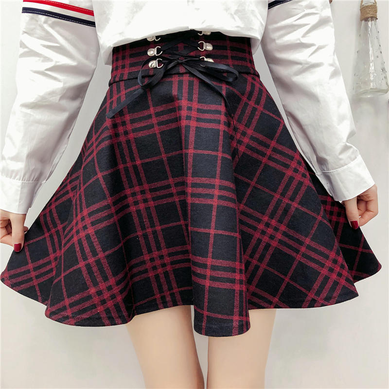 チェック柄 ミニスカート レースアップ 韓国ファッション レディース Aライン スカート フ