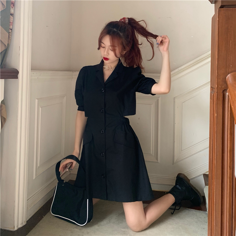 シャツワンピース 背中開き 背中見せ 半袖 韓国ファッション レディース ワンピース バブルス