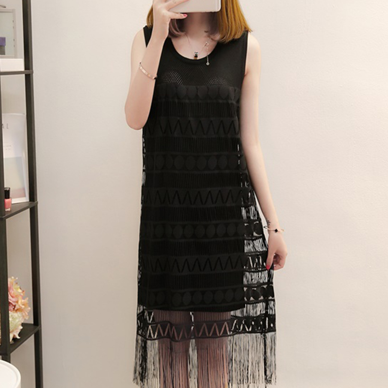 レディース フリンジワンピース ノースリーブ 夏ワンピース ニットワンピース 幾何学柄 透け感