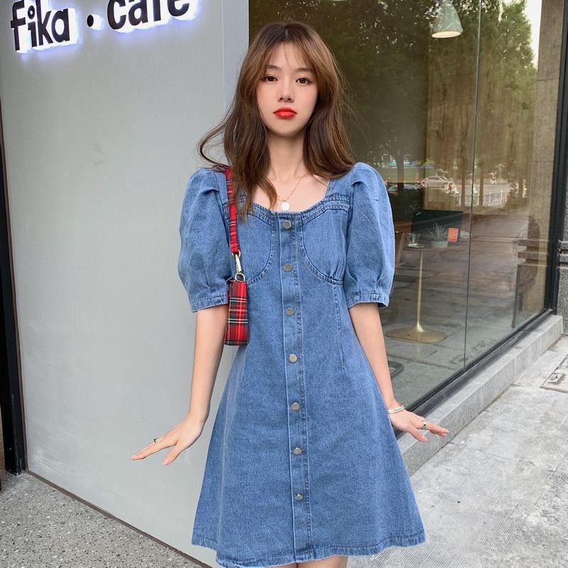 デニムワンピース スクエアネック 韓国ファッション レディース ワンピース パフ袖 デニム シ デニムワンピース スクエアネック 韓国ファッション レディース ワンピース パフ袖 デニム シ
