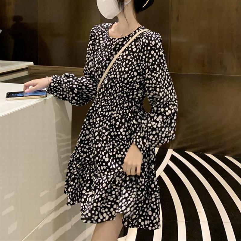 ダルメシアン柄 ワンピース パフスリーブ ロング丈 ハイウエスト 長袖 クルーネック 薄手 韓