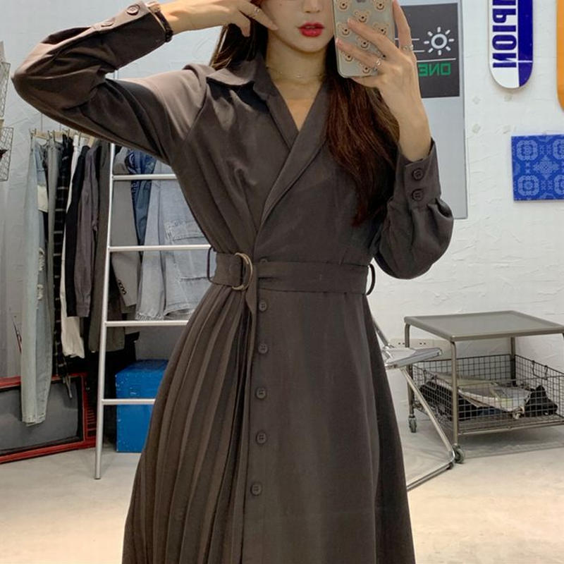 コート風 ワンピース 切り替え プリーツスカート ウエストマーク シングルブレスト ロング丈