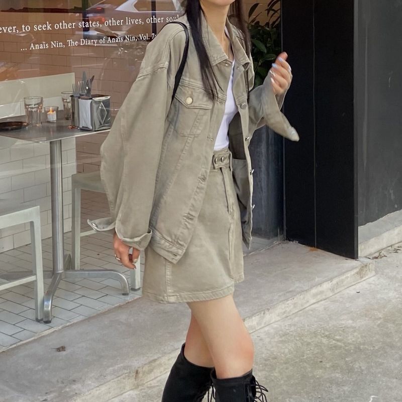 セットアップ デニムジャケット デニムスカート ハイウエスト ルーズ 2点セット 長袖 韓国フ セットアップ デニムジャケット デニムスカート ハイウエスト ルーズ 2点セット 長袖 韓国フ