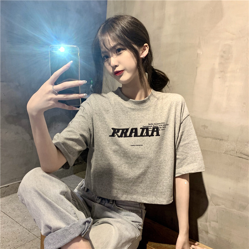 クロップド丈 Tシャツ 半袖 へそ出し ラウンドネック 韓国ファッション レディース ショート