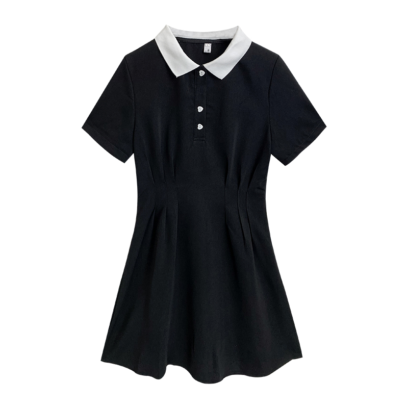 ポロワンピース ハート型ボタン 半袖 ショート丈 ハイウエスト Aライン 韓国ファッション レ