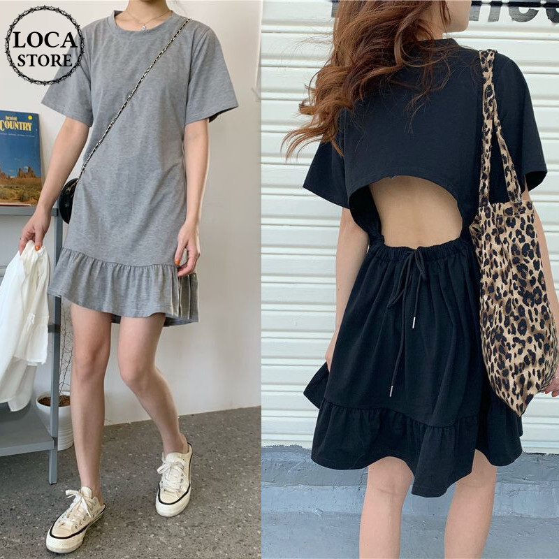 オープンバック ワンピース 背中あき 薄手 Tシャツ フリルスカート 半袖 韓国ファッション