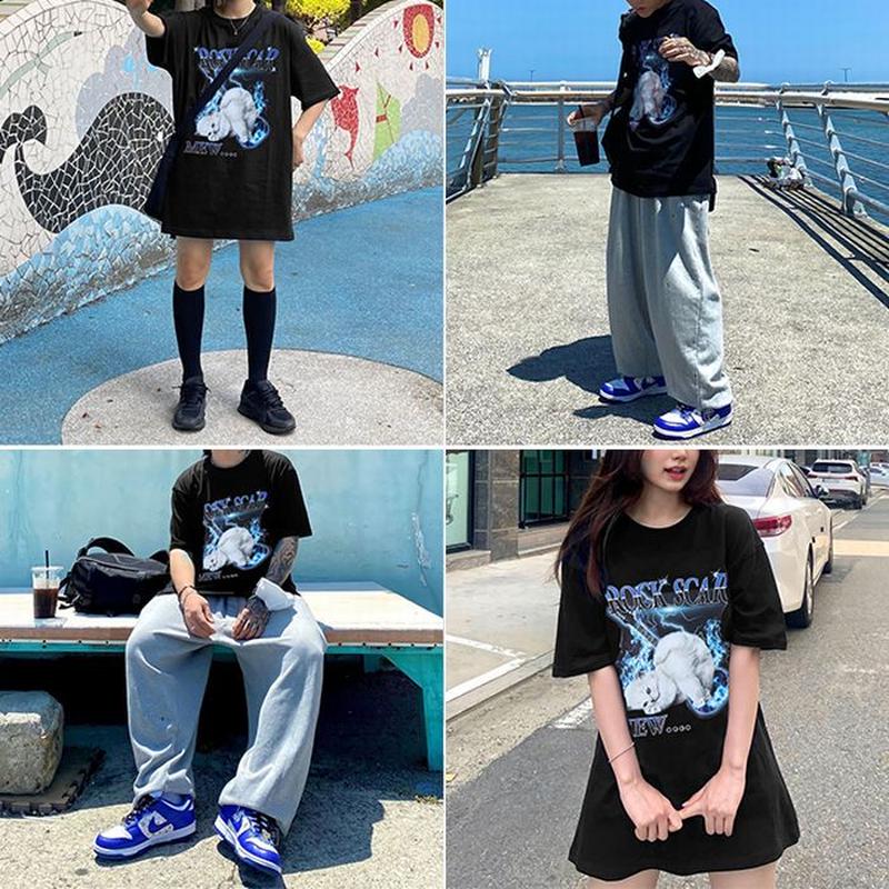 ユニセックス Tシャツ 半袖 子猫 ギター ロックtシャツ オーバーサイズ ゆったり 韓国ファ