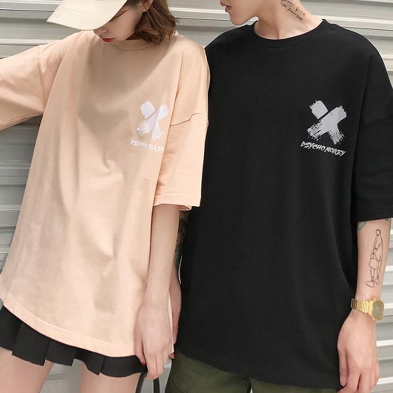 2カラー ユニセックス メンズ レディース ペア バックプリント Tシャツ 半袖 ロゴ 幾何